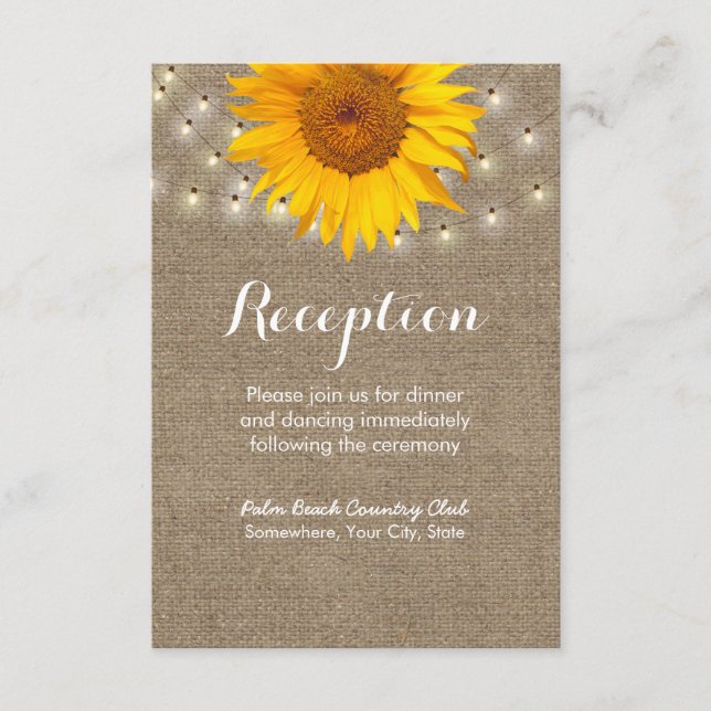 Rustic Sunflower & String Lights Burlap Reception Enclosure Card (Front)