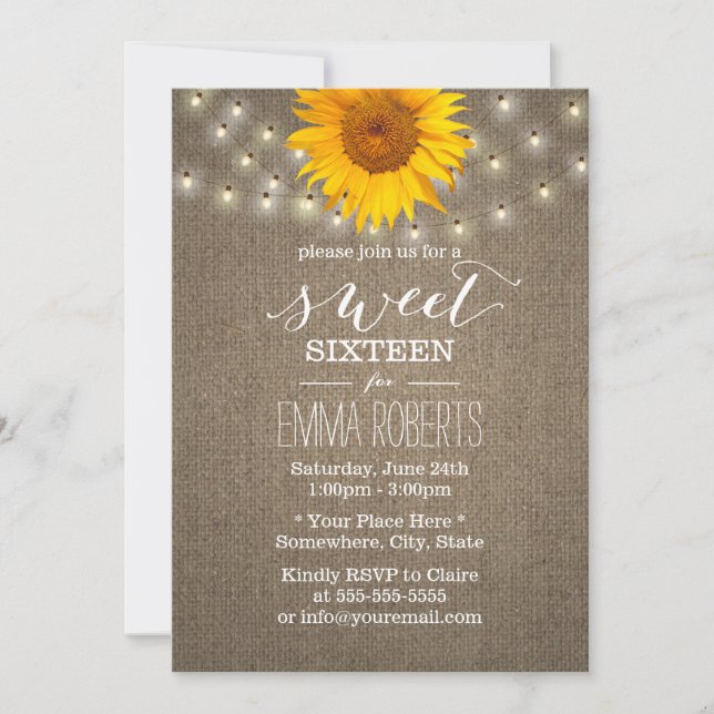 Rustic Sunflower & String Lights Burlap Sweet 16 Invitation (Front)