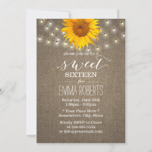Rustic Sunflower & String Lights Burlap Sweet 16 Invitation