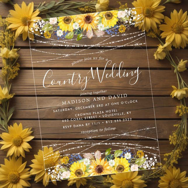 Rustic Sunflower String Lights Country Wedding Acrylic Invitations (Creator Uploaded)