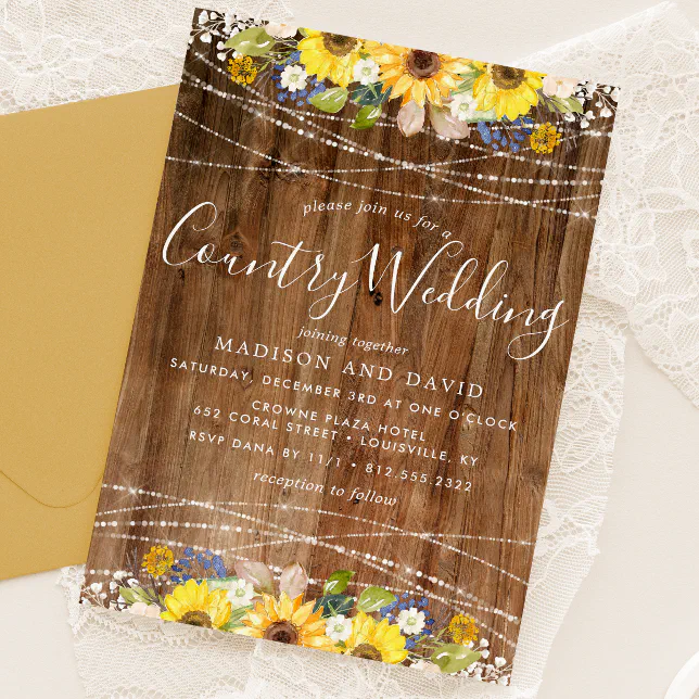 Rustic Sunflower String Lights Country Wedding Invitation Zazzle