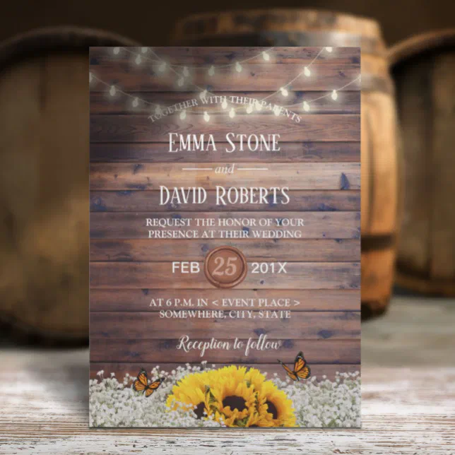 Rustic Sunflower And String Lights Country Wedding Invitation Zazzle