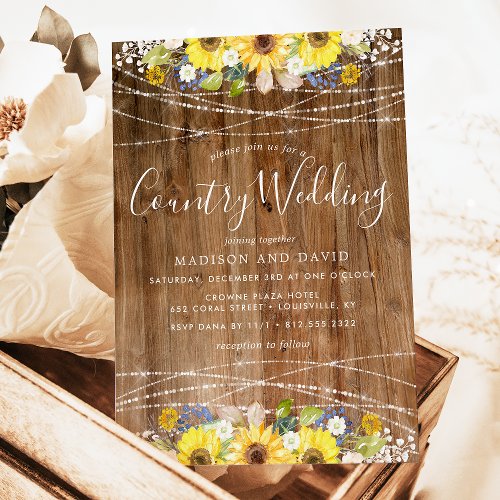 Wedding Invitations 17 Rustic Sunflower String Lights Country Wedding Invitation