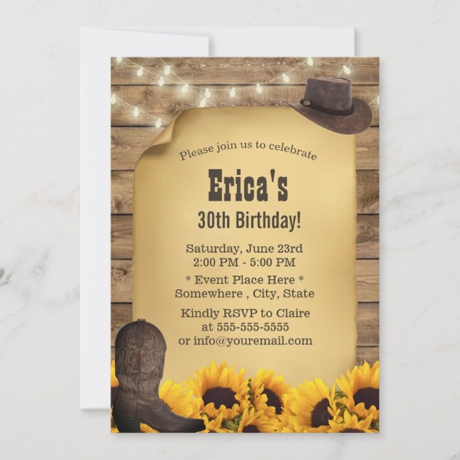 Rustic Sunflower String Lights Cowgirl Birthday Invitation (Front)