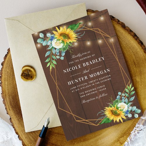 Rustic sunflower string lights engagement party invitation