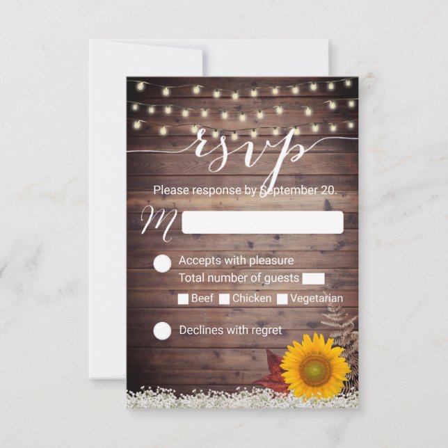 Rustic Sunflower String Lights Fall Wedding RSVP (Front)