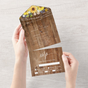 Rustic Sunflower String Lights Floral Wedding All In One Invitation
