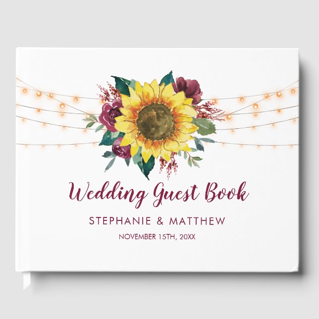Rustic Sunflower String Lights Floral Wedding Guest Book (Front)