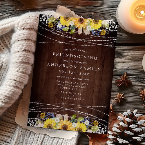 Rustic Sunflower String Lights Friendsgiving Party Invitation