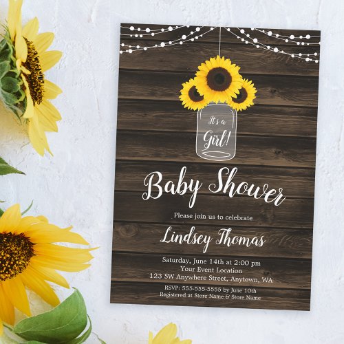 Rustic Sunflower String Lights Girl Baby Shower Invitation