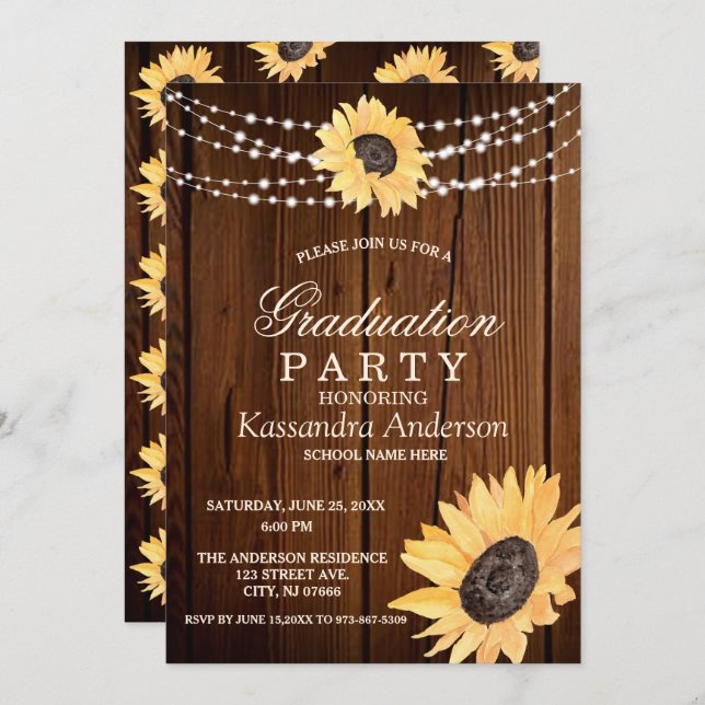 Rustic Sunflower String Lights Graduation  Invitat Invitation (Front/Back)