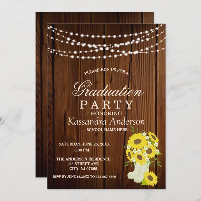 Rustic Sunflower String Lights Graduation   Invitation (Front/Back)