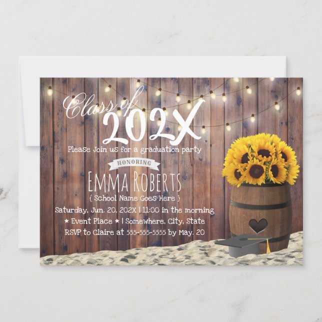 Rustic Sunflower & String Lights Graduation Party Invitation (Front)