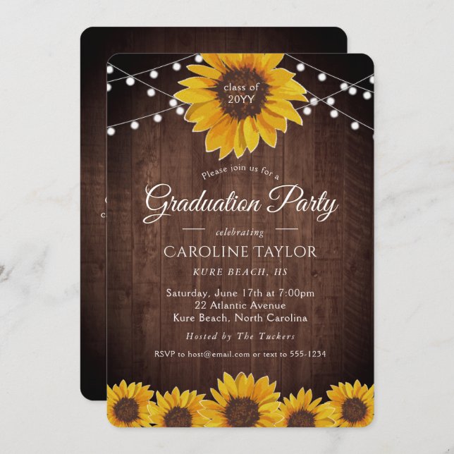 Rustic Sunflower String Lights Graduation Party Invitation (Front/Back)