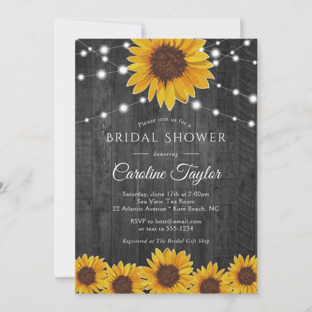 Rustic Sunflower String Lights Gray Bridal Shower Invitation (Front)