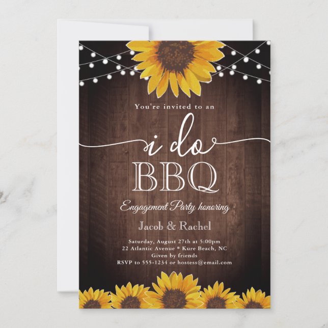 Rustic Sunflower String Lights I Do BBQ Engagement Invitation (Front)