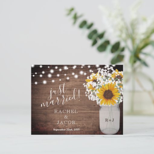 Rustic Sunflower String Lights Just Married Postcard Zazzle