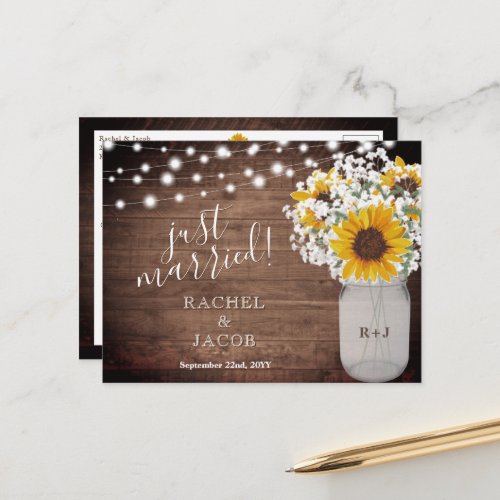 Rustic Sunflower String Lights Just Married Postcard