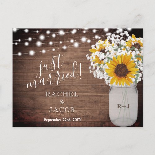 Rustic Sunflower String Lights Just Married Postcard