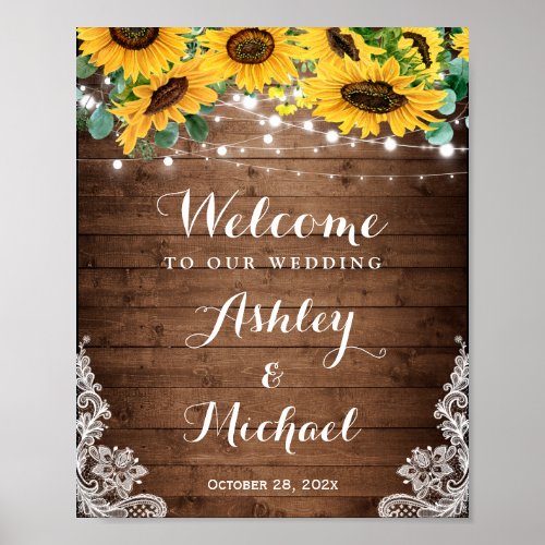 Rustic Sunflower String Lights Lace Wedding Sign - Create your own Wedding Sign with this "Rustic Sunflower String Lights Lace Welcome Poster" template to match your wedding colors and style. This high-quality design is easy to personalize to be uniquely yours! 
(1) The default size is 8 x 10 inches, you can change it to a larger size. 
(2) For further customization, please click the "customize further" link and use our design tool to modify this template. 
(3) If you need help or matching items, please contact me.