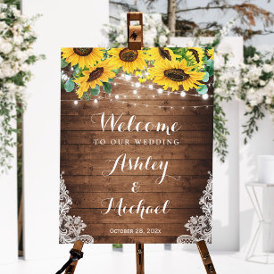 Rustic Sunflower String Lights Lace Wedding Sign
