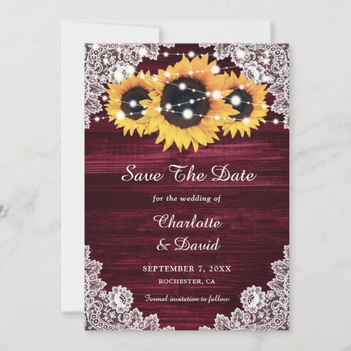Rustic Sunflower String Lights Lace Wood Burgundy Save The Date