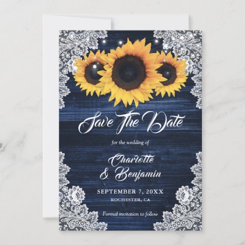 Rustic Sunflower String Lights Lace Wood Navy Blue Save The Date