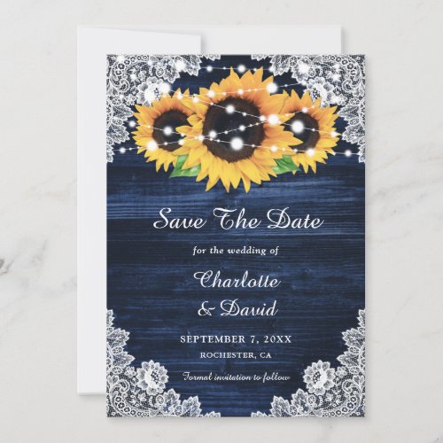 Rustic Sunflower String Lights Lace Wood Navy Blue Save The Date