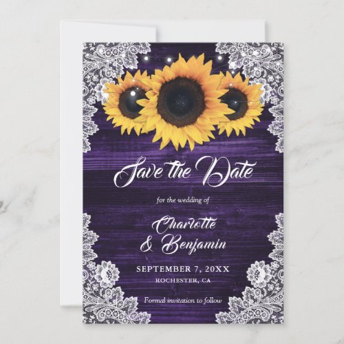 Rustic Sunflower String Lights Lace Wood Purple Save The Date