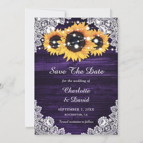 Rustic Sunflower String Lights Lace Wood Purple Save The Date