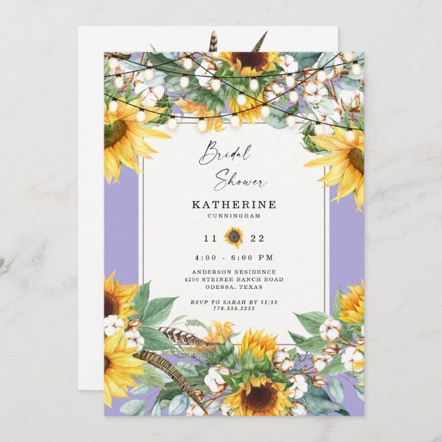 Rustic Sunflower String Lights Lavender Bridal  Invitation (Front/Back)