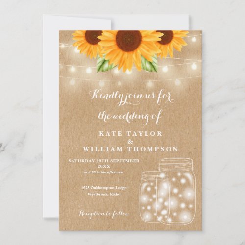 Rustic Sunflower String Lights Mason Jar Wedding Invitation