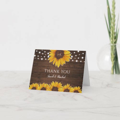 Rustic Sunflower String Lights Monogram Wedding Thank You Card