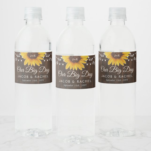 Rustic Sunflower String Lights Our Big Day Wedding Water Bottle Label (Bottles)