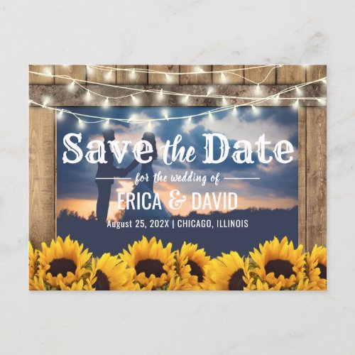 Rustic Sunflower String Lights Photo Save the Date Announcement Postcard