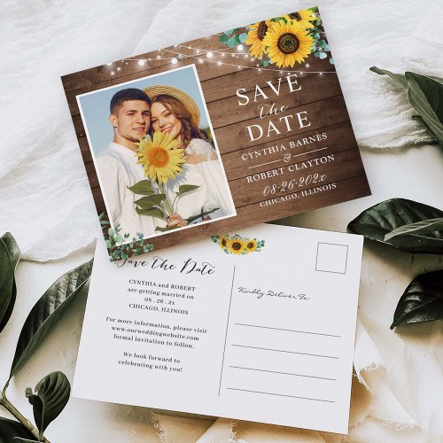 Rustic Sunflower String Lights Photo Save the Date Postcard