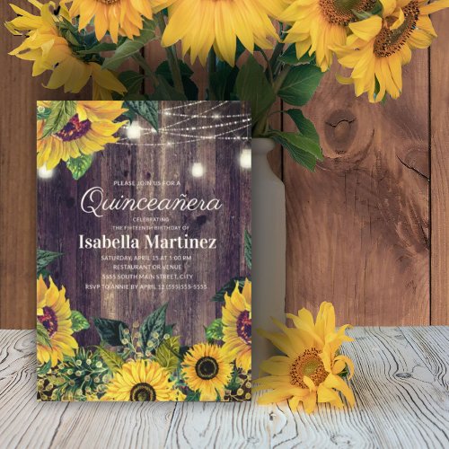 Rustic Sunflower String Lights Quinceaera 15th Invitation