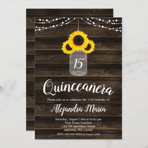 Rustic Sunflower String Lights Quinceanera Invites