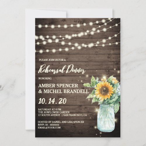 Rustic Sunflower String Lights Rehearsal Dinner Invitation