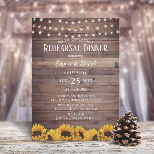 Rustic Sunflower  String Lights Rehearsal Dinner Invitation