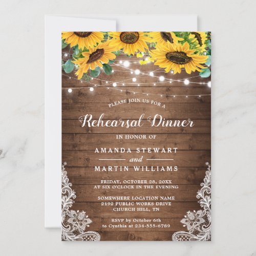 Rustic Sunflower String Lights Rehearsal Dinner Invitation - Rustic Sunflower String Lights Rehearsal Dinner Invitation template. This high-quality design is easy to customize to match your wedding colors, styles and theme. 
(1) For further customization, please click the "customize further" link and use our design tool to modify this template. 
(2) If you prefer thicker papers / Matte Finish, you may consider to choose the Matte Paper Type. 
(3) If you need help or matching items, please contact me.