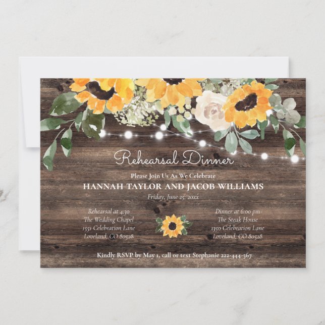 Rustic Sunflower String Lights Rehearsal Dinner Invitation (Front)