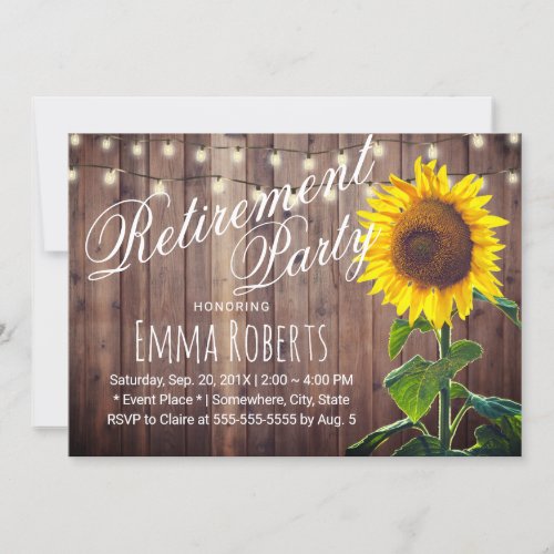 Rustic Sunflower  String Lights Retirement Party Invitation