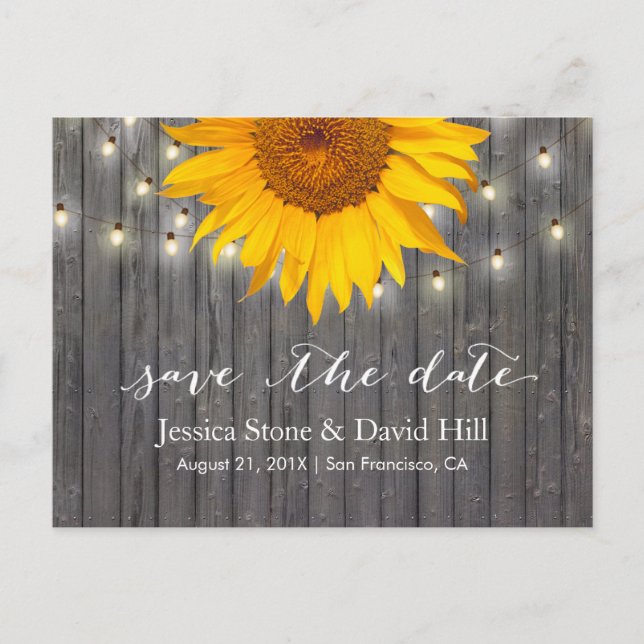 Rustic Sunflower & String Lights Save the Date Announcement Postcard (Front)