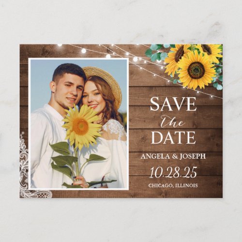 Rustic Sunflower String Lights Save the Date Photo Postcard