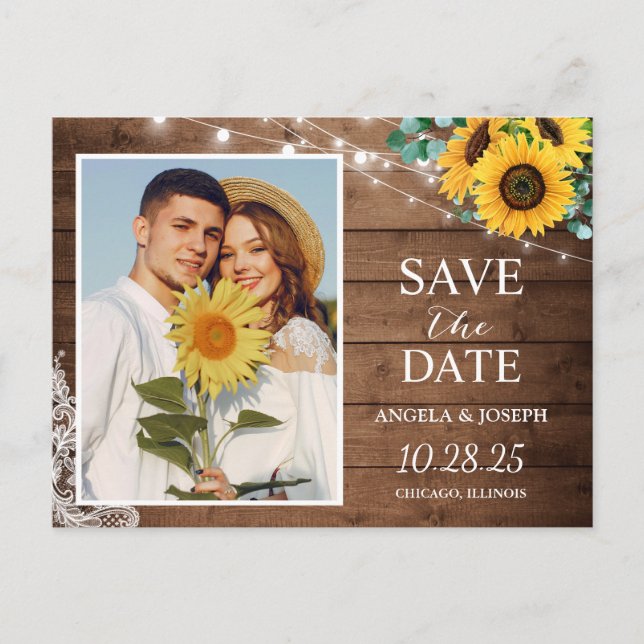 Rustic Sunflower String Lights Save the Date Photo Postcard (Front)