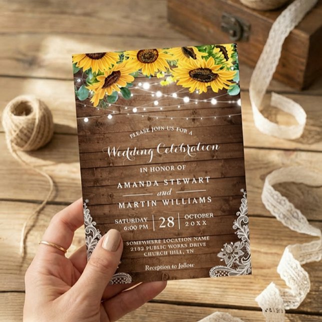 Rustic Sunflower String Lights Summer Fall Wedding Invitation (Creator Uploaded)