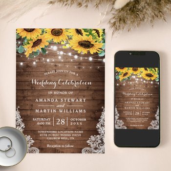 Rustic Sunflower String Lights Summer Fall Wedding Invitation by CardHunter at Zazzle