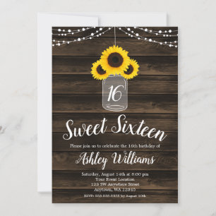 Rustic Sunflower String Lights Sweet 16 Invites