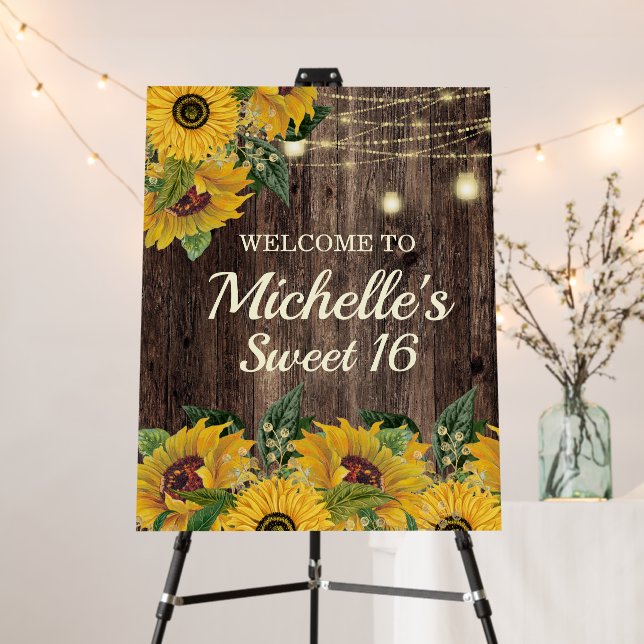 Rustic Sunflower String Lights Sweet 16 Name Foam Board (In Situ (Stand))